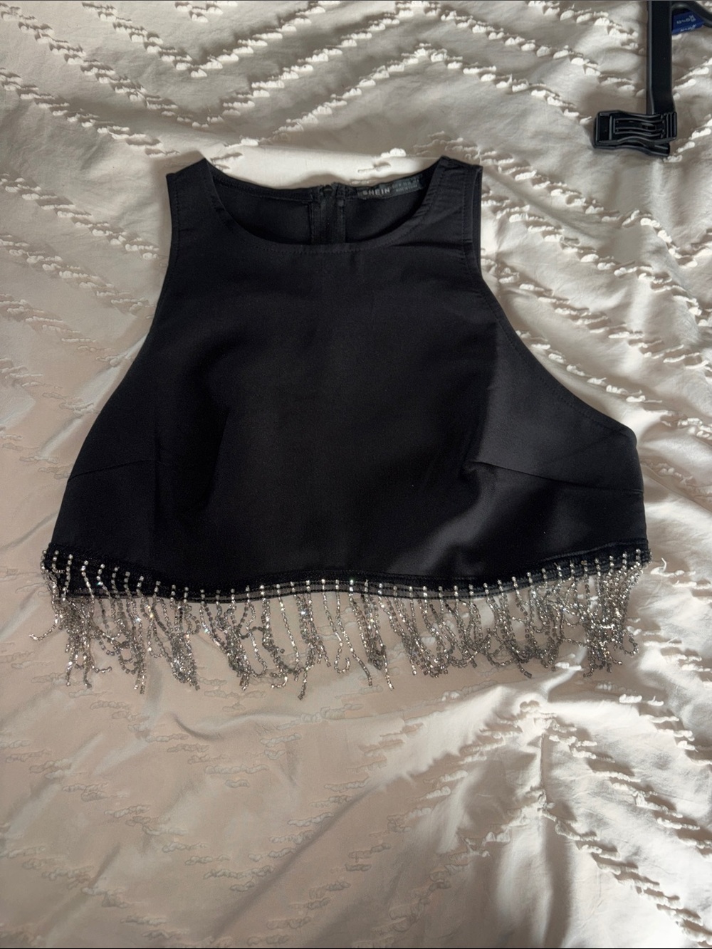 SHEIN Black Beaded Fringe Crop Top
